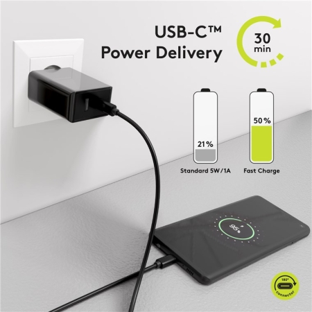 230V Netzteil mit USB-A & USB-C Buchsen, 30 Watt, schwarz
